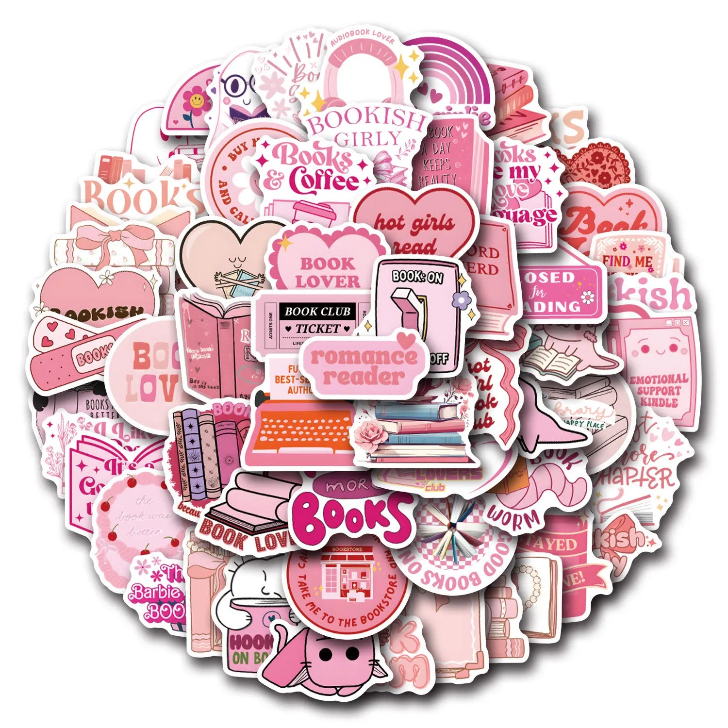 Pink bookish girly sticker pack with cute reading, books, and coffee themed designs