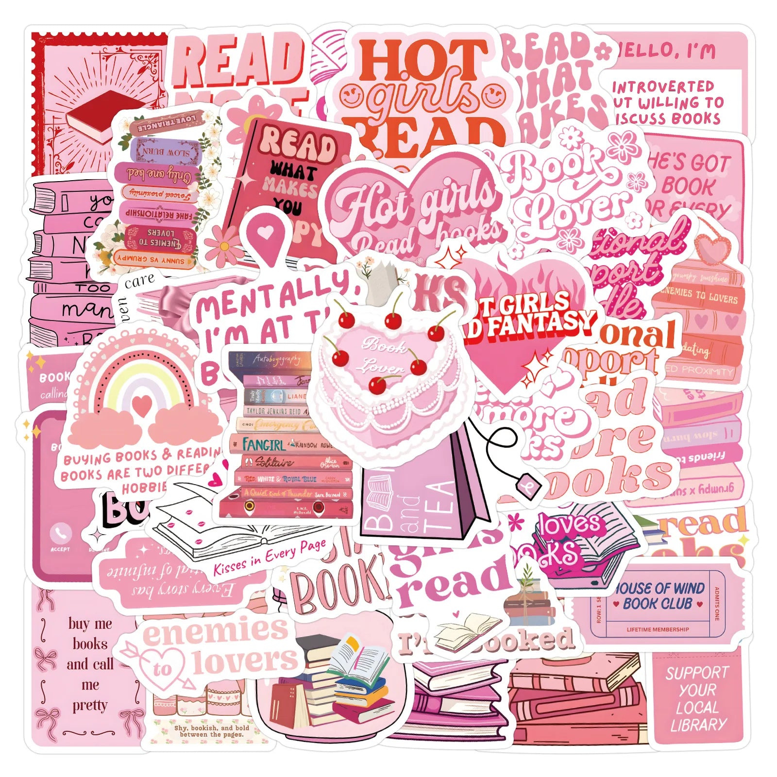 Pink girly bookish sticker collage with cute reading quotes, books, and aesthetic cartoon designs