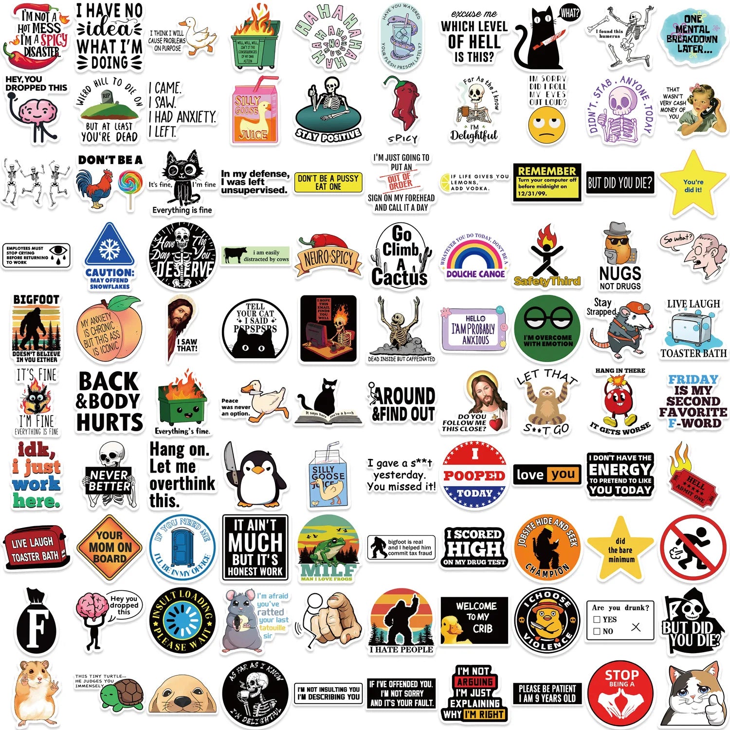 Waterproof prank meme stickers applied on a helmet with colorful graffiti designs