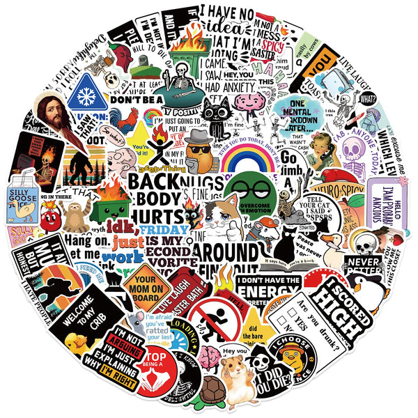 Cartoon graffiti prank meme stickers decorating a notebook for creative DIY use