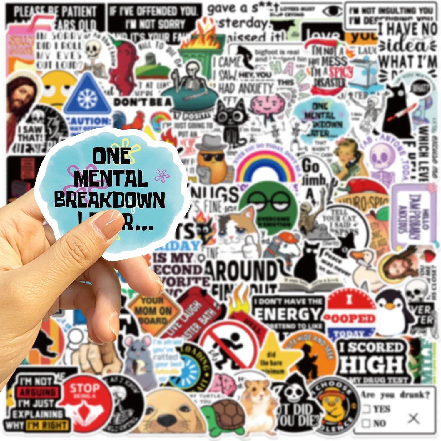 Funny prank meme stickers applied on a skateboard for bold graffiti-style decoration