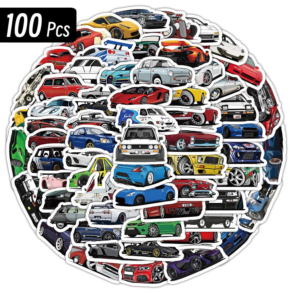 Racing car stickers pack with colorful graffiti style waterproof vinyl decals on white background