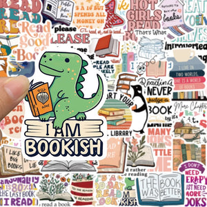 Reading aesthetic stickers featuring books, quotes, and illustrated book lover designs