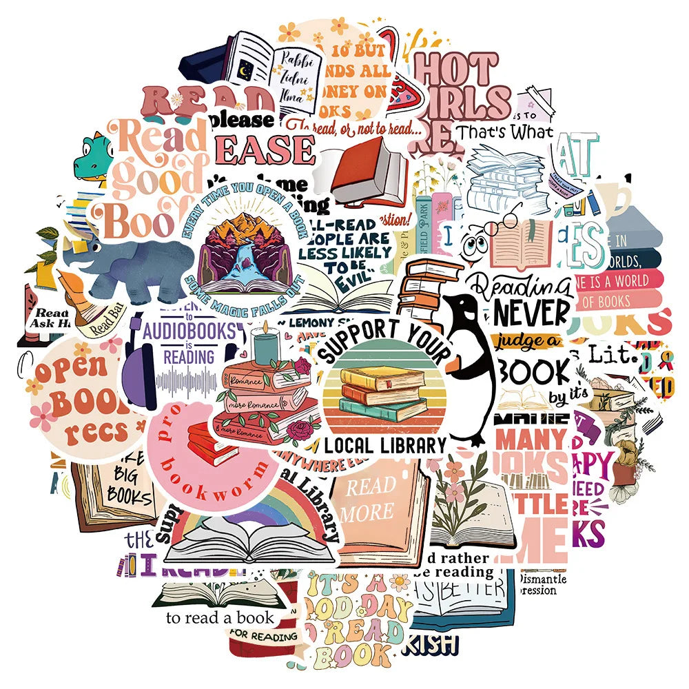 Reading quotes cartoon stickers with playful text and book illustrations