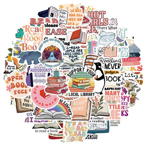 Reading quotes cartoon stickers with playful text and book illustrations