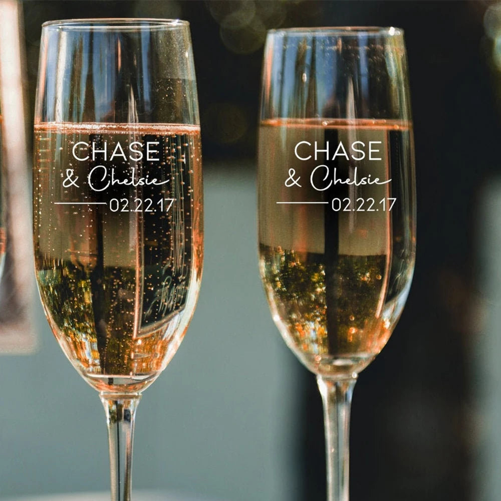 Romantic engraved champagne flutes designed for weddings and anniversaries