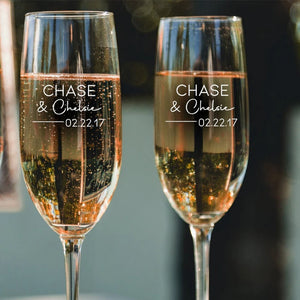 Romantic engraved champagne flutes designed for weddings and anniversaries
