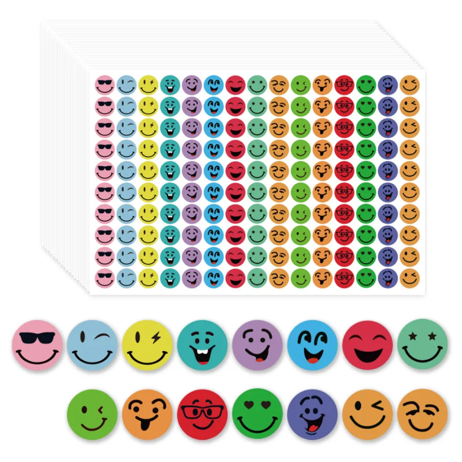 Round smiley face stickers pack with colorful happy emoji reward labels on white background