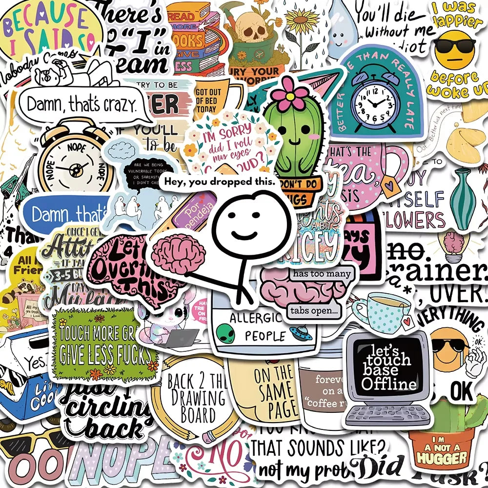 Sarcastic kawaii graffiti sticker collage with funny quotes and cartoon characters