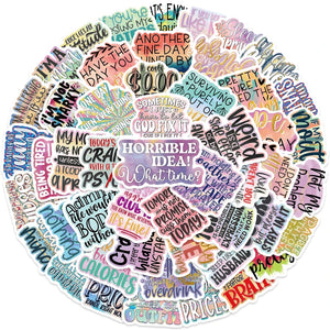 Sarcastic quote sticker pack with colorful funny phrases and bold typography