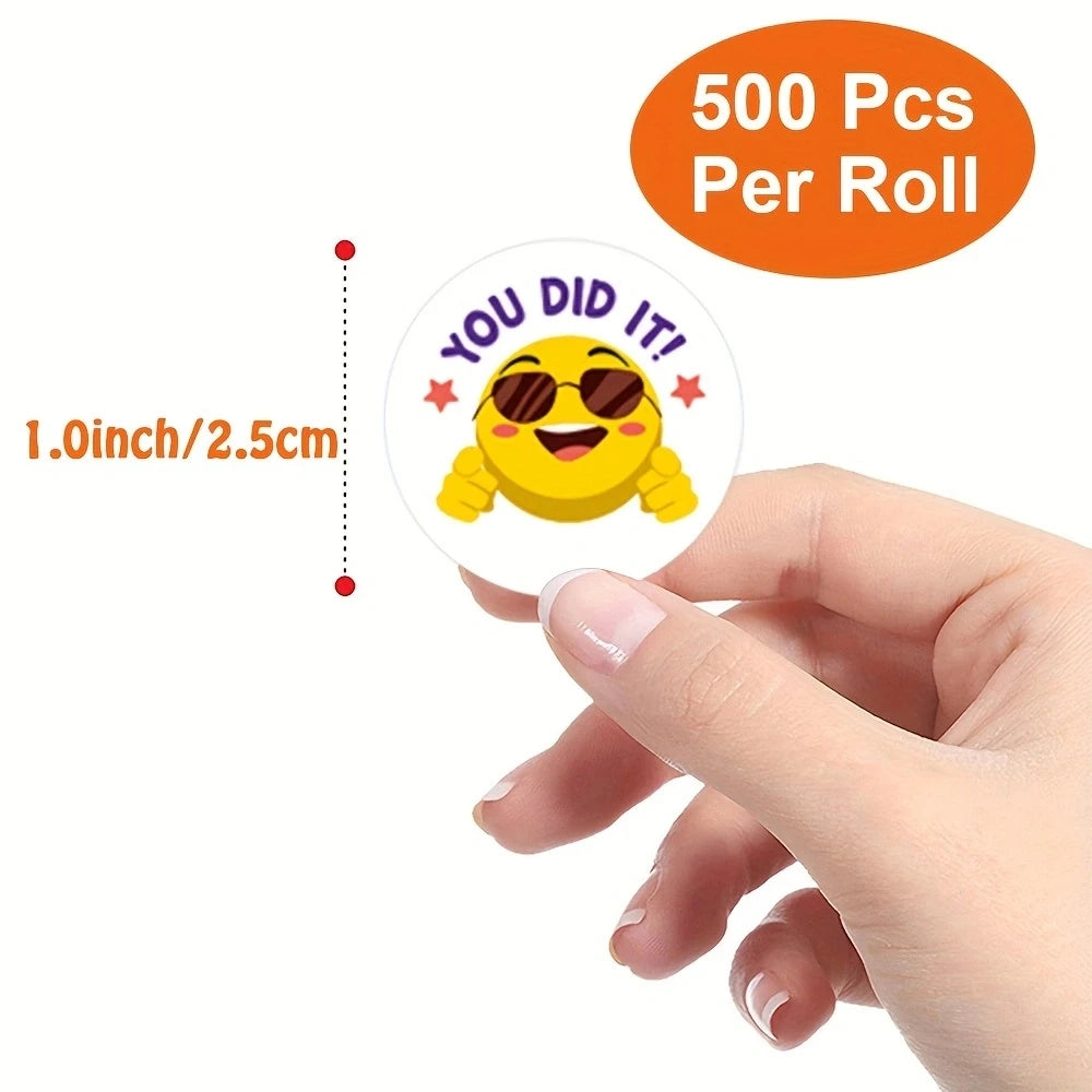 Close-up of 1 inch round smile face reward stickers with bright colors and positive messages for teachers and parents