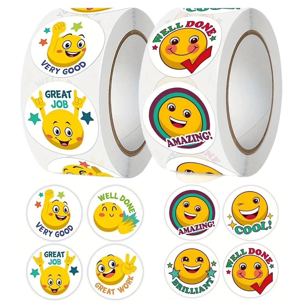 Smiley face reward stickers on rolls featuring colorful expressions like great job, well done, amazing and cool for kids classroom motivation