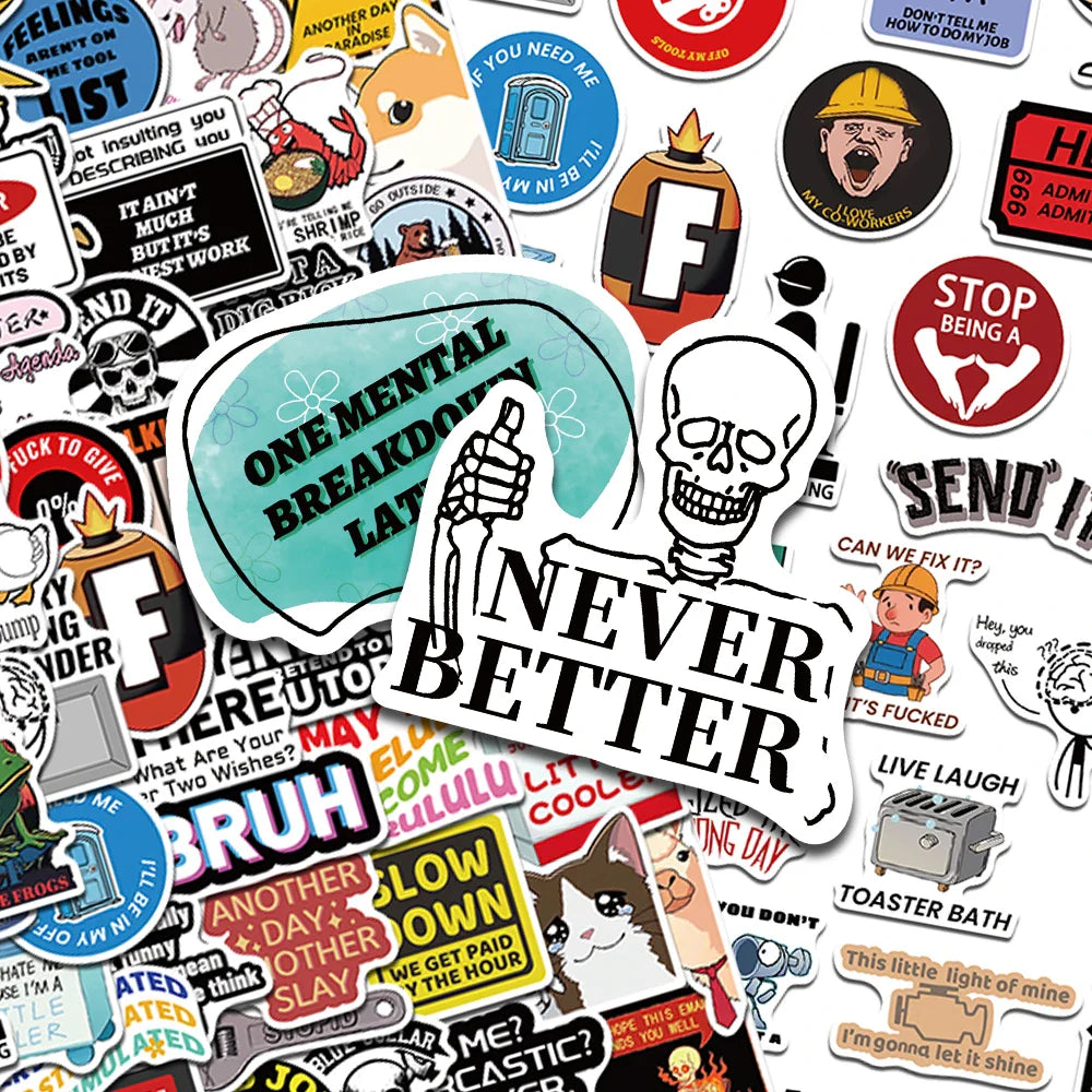 Snarky meme stickers pack with funny cartoon vinyl decals arranged on clean background