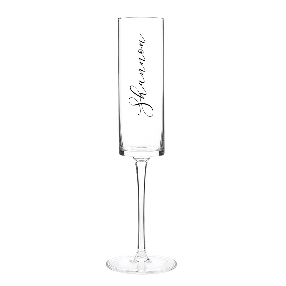 Tall modern champagne flutes with laser engraved names