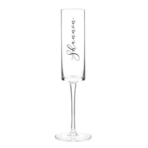 Tall modern champagne flutes with laser engraved names