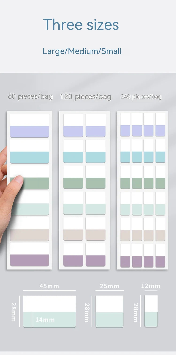 Transparent index tabs in large, medium, and small sizes for page marking