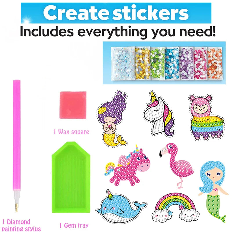 Unicorn and animal diamond painting sticker kit for kids with colorful big gem DIY craft designs