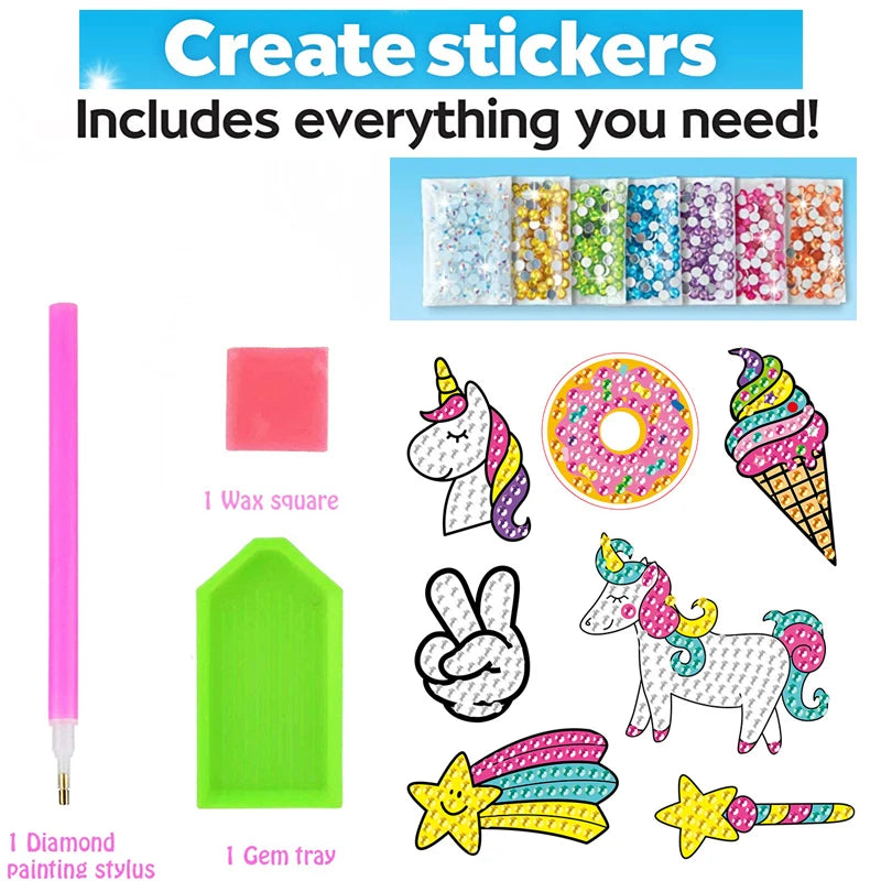 Unicorn and rainbow diamond art stickers for kids craft projects
