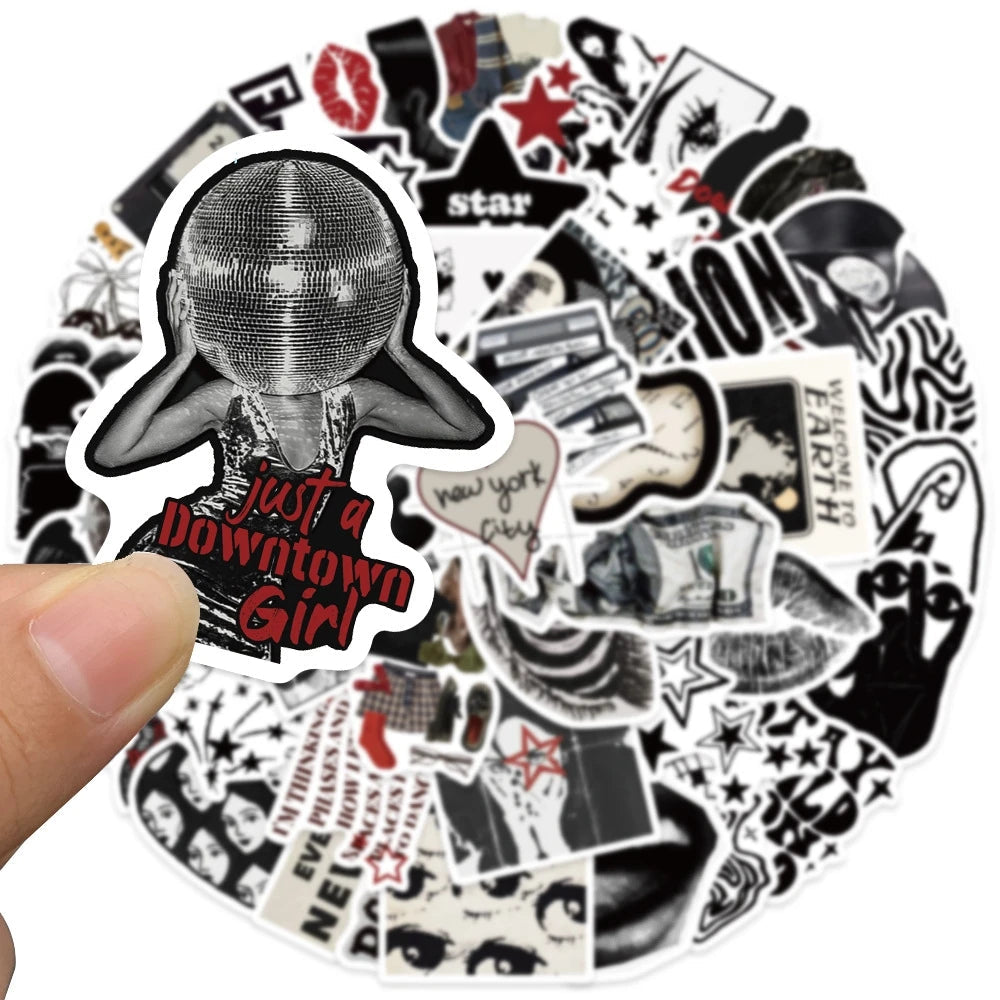 Urban style black and white stickers featuring street art and cartoon graphics