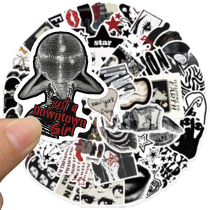 Urban style black and white stickers featuring street art and cartoon graphics