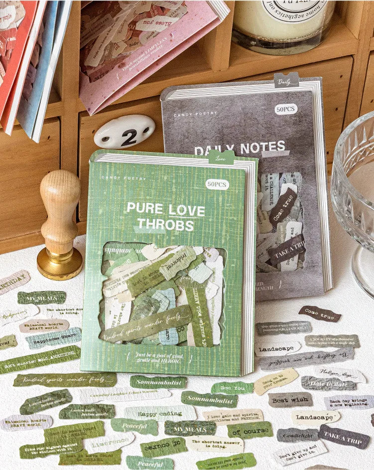 Vintage English sticker collection featuring classic labels and quotes