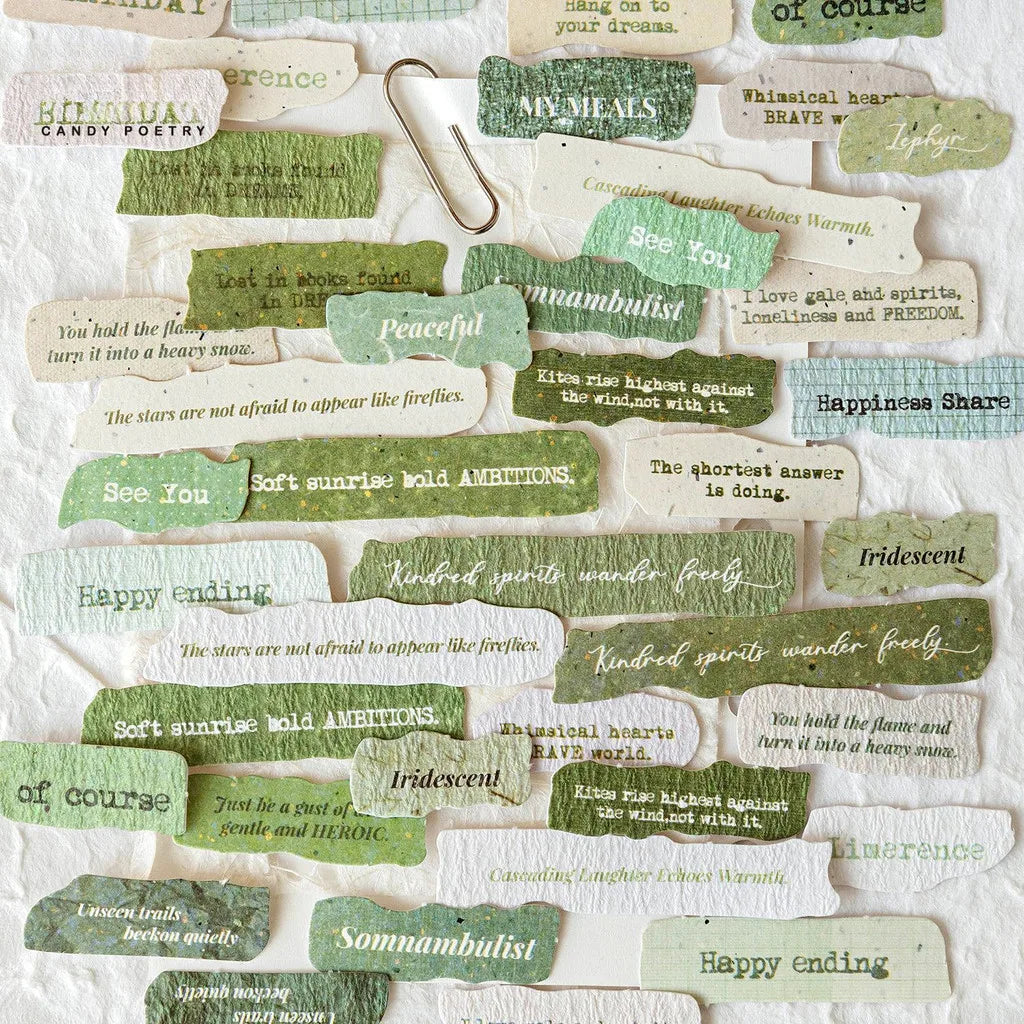 Flat lay of vintage English label stickers arranged on textured background