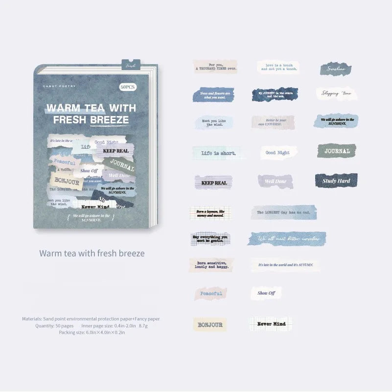 Blue vintage English label sticker pack titled “Warm Tea With Fresh Breeze” with assorted text labels on white background