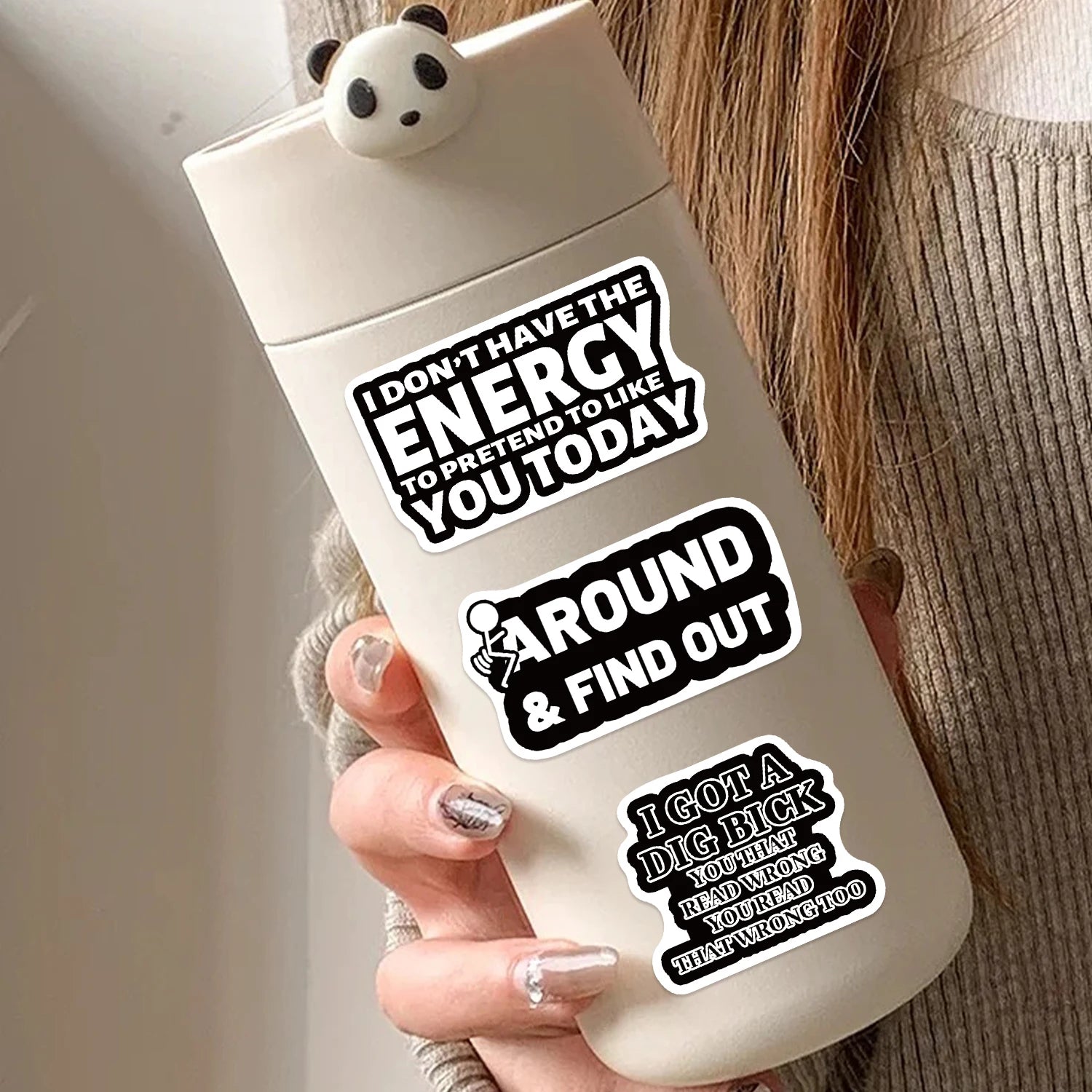 Waterproof vinyl sticker pack with humorous cartoon graphics and no residue removal